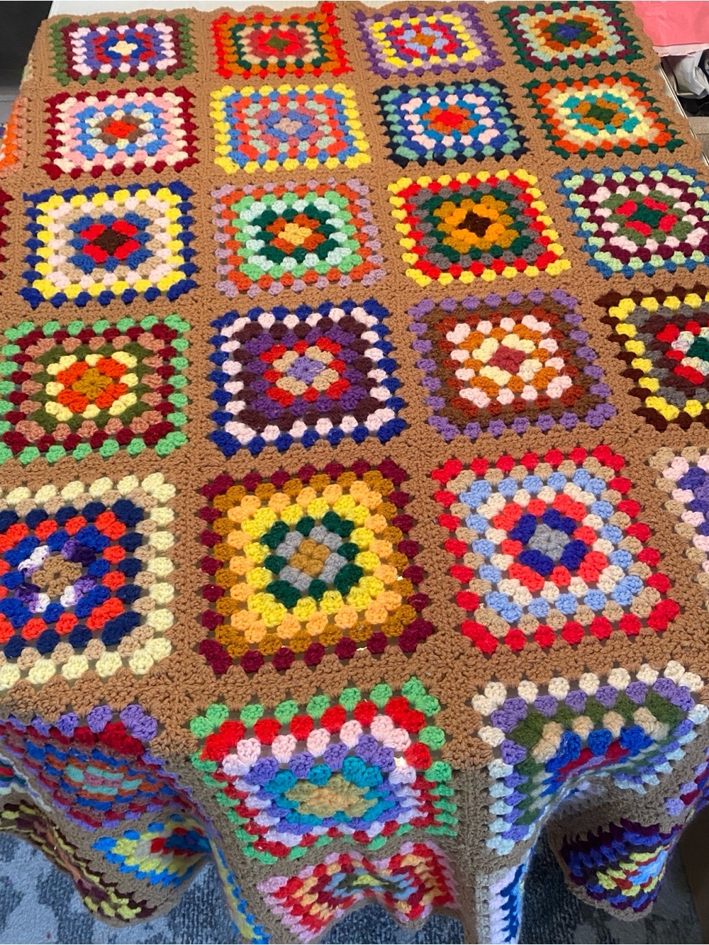 Vintage Handmade Crochet Granny Square Afghan Throw Blanket Brown Rainbow 60x41